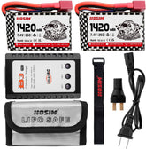 Hosim 2pcs 7.4V 1420mAh 25C T Connector Li-ion Battery Pack with 1 Balance Charger,1 Battery Bag, 1 Double Battery Connector & 1 Strap for Brushless Q901 Q903 Q905